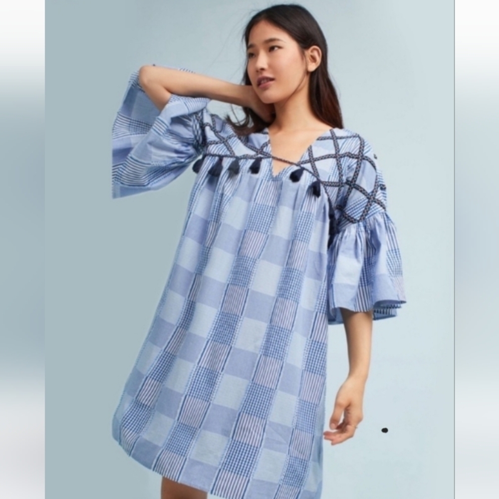 Anthropologie Maeve Tatum Tassled Bohemian Plaid V Neck Cottagecore Tunic Mini L